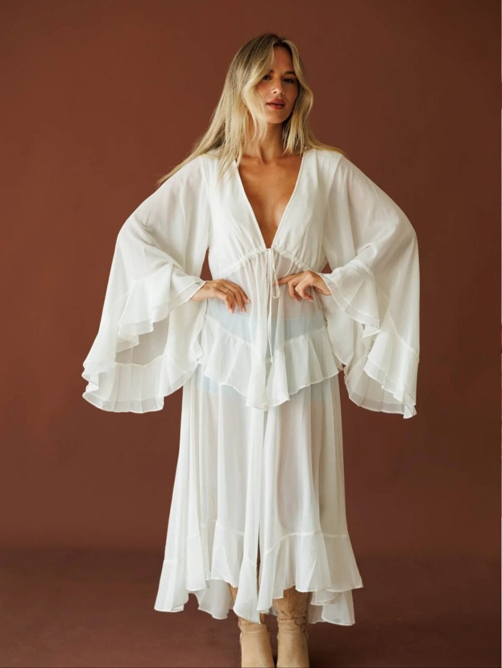 Women’s Cream White Sheer Ruffle Duster